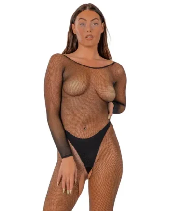 Lace by LJ Fishnet Crotchless Long Sleeve Bodystocking Black