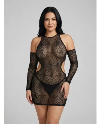 Long Sleeve Cold Shoulder Black Mesh Long Sleeve Chemise Dress