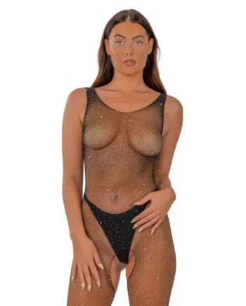 Lace by LJ Rhinestone Crotchless Bodystocking Black