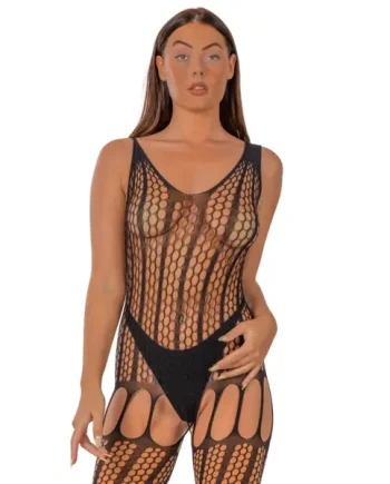 Lace by LJ Crochet Bodystocking with Lace Up Back Black